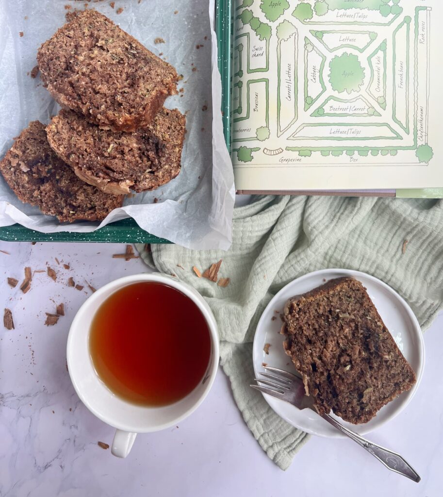 cup of tea and slice of cinnamon swirl zucchini bread