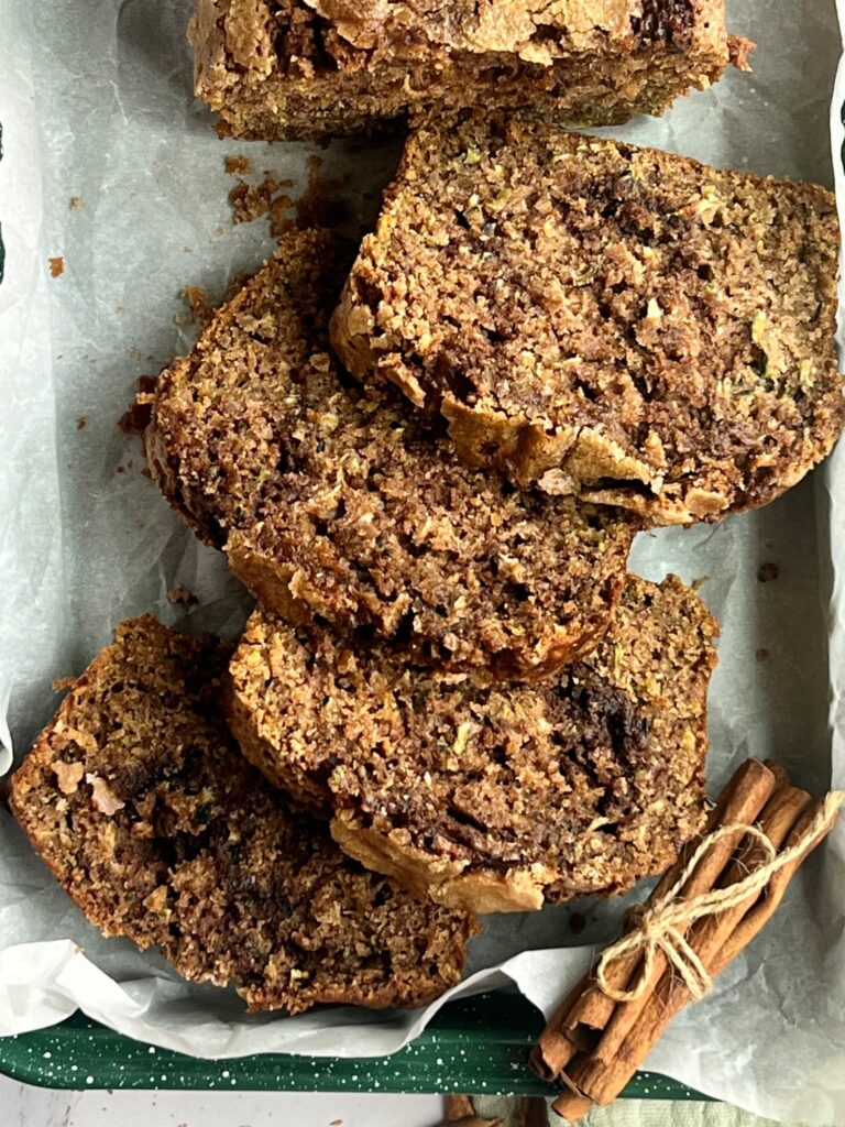 sliced zucchini bread. with cinnamon sticks
