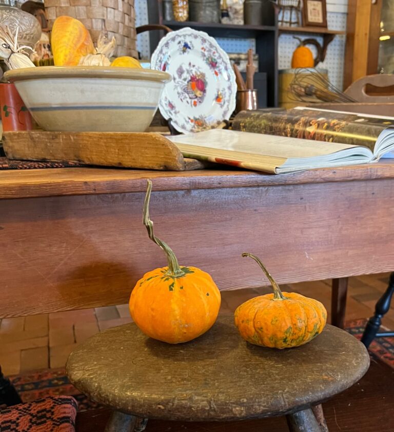 2 orange pumpkins on a sood stool Monday Musings No. 234 Labor Day weekend fall baking and storm recovery.