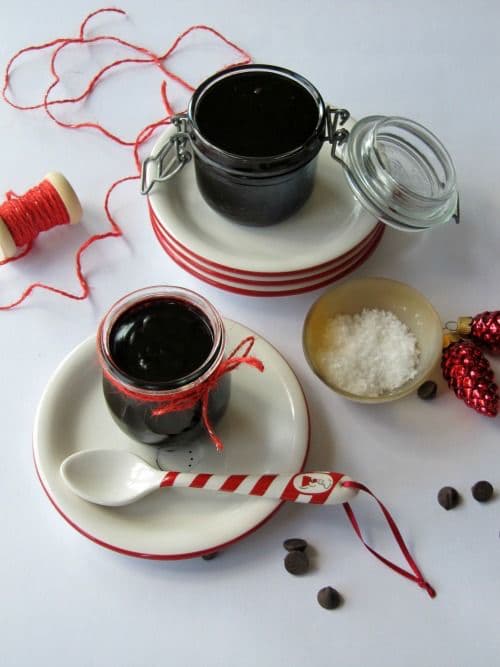 rich glossy salted dark chocolate hot fudge sauce in glass weck jars