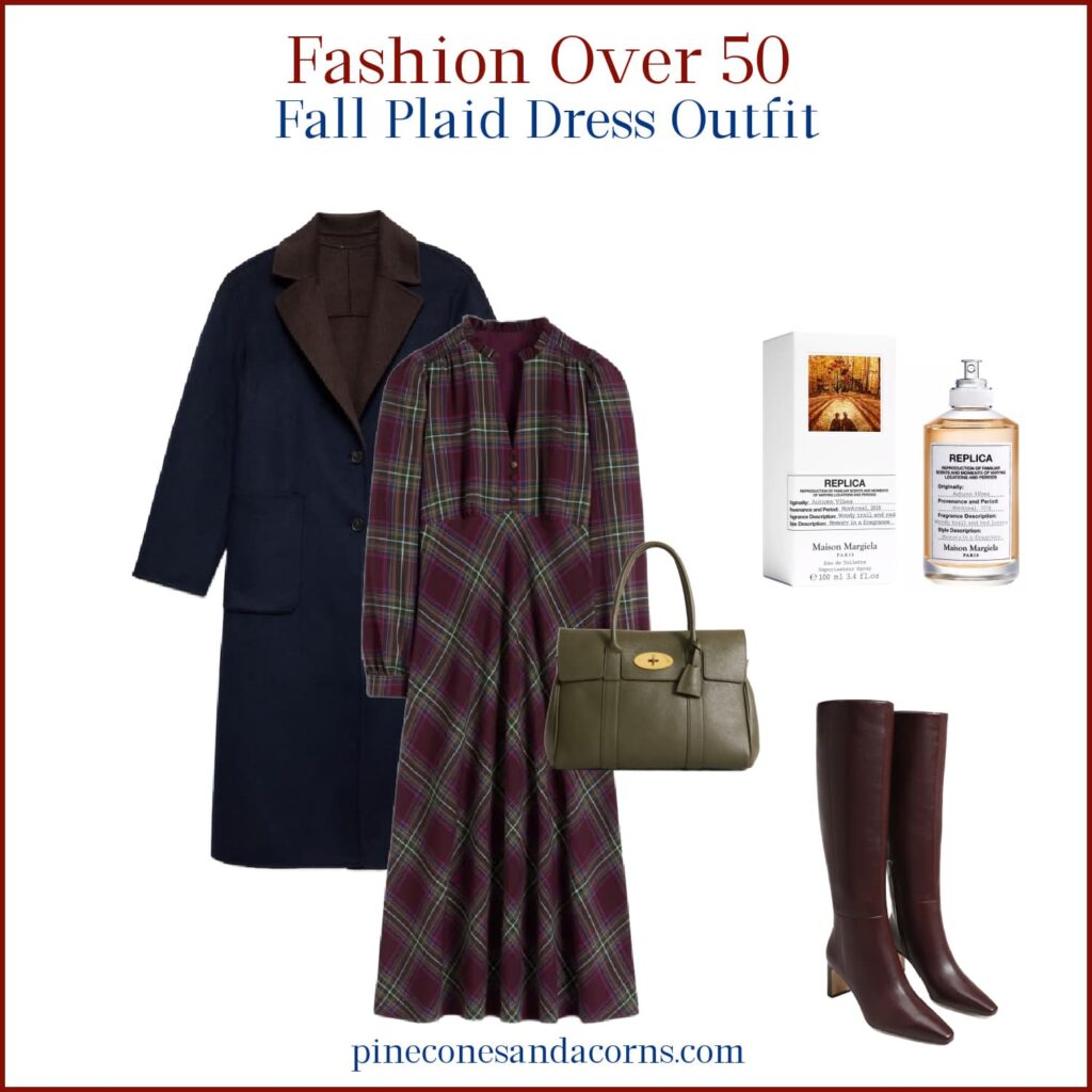 Friday Favorites outfit Fall Green and Burgundy Plaid Dress Outfit with burgundy boots Fashion over 50