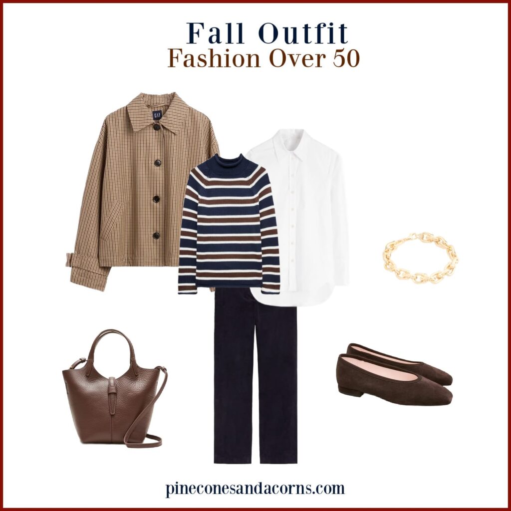 Fall brown and blue outfit fashion over 50
