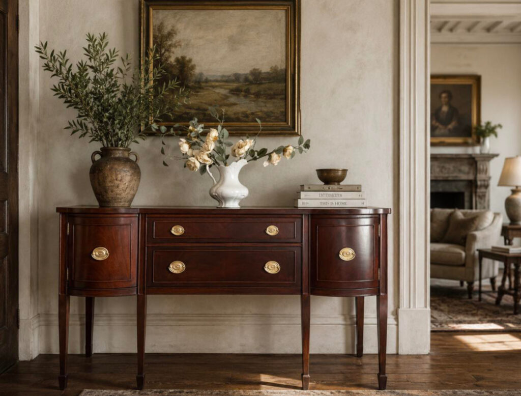 warm brown wood sideboard in a layered collected home