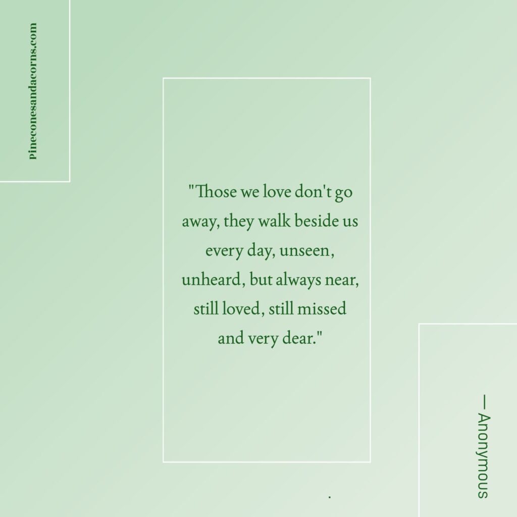 Weekend Meanderings Quote Those we love don't go away, they walk beside us every day, unseen, unheard, but always near, still loved, still missed and very dear. — Anonymous