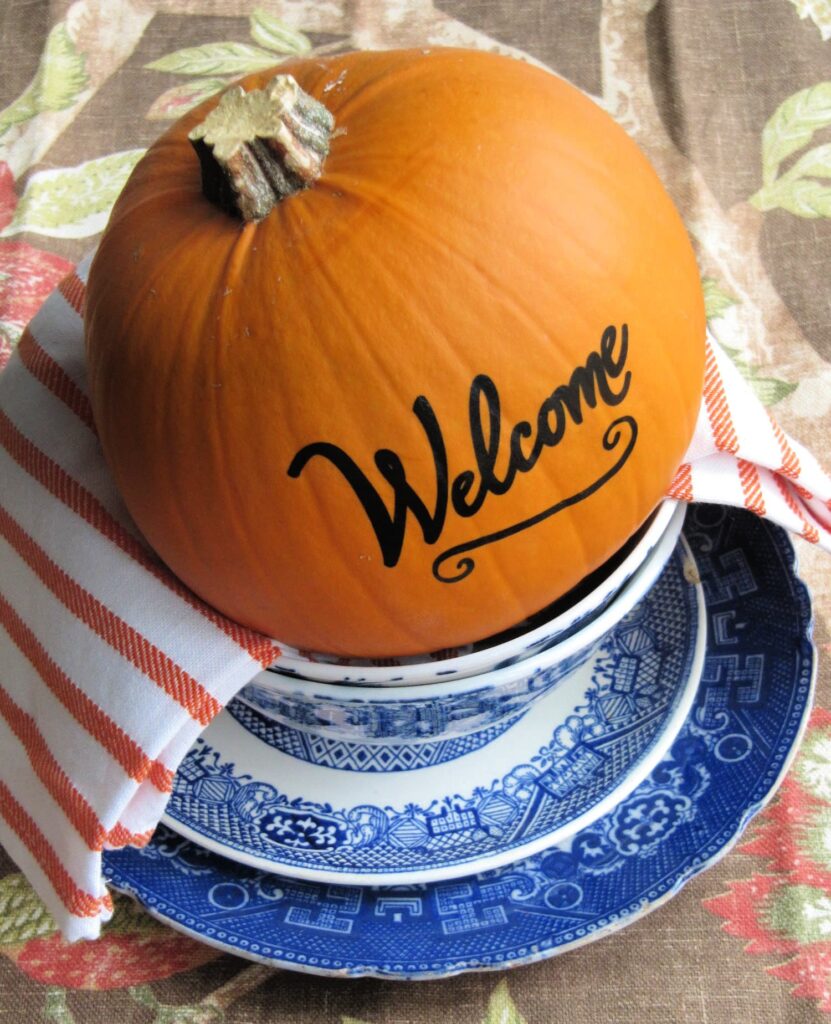 Welcome Fall pumpkin and blue and white blue willow vintage first day of fall