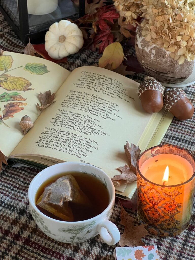 cozy autumn vignette with plaid throw candle books and acorns by fireplace