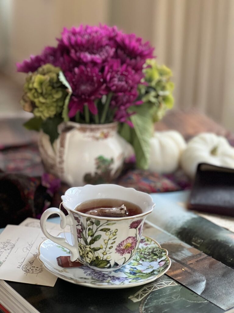Weekend Meanderings flower tea cup of tea and fall flowers