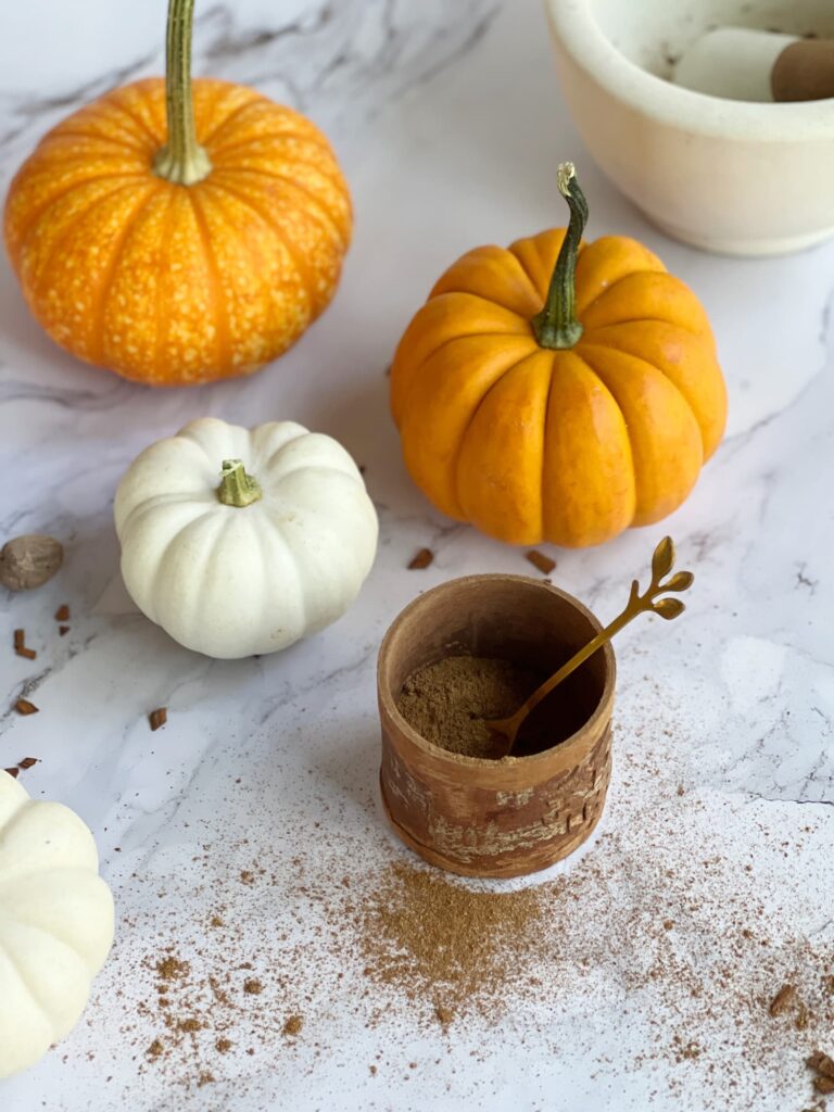 homemade pumpkin pie spice with cinnamon, nutmeg, ginger, allspice, mace and cloves