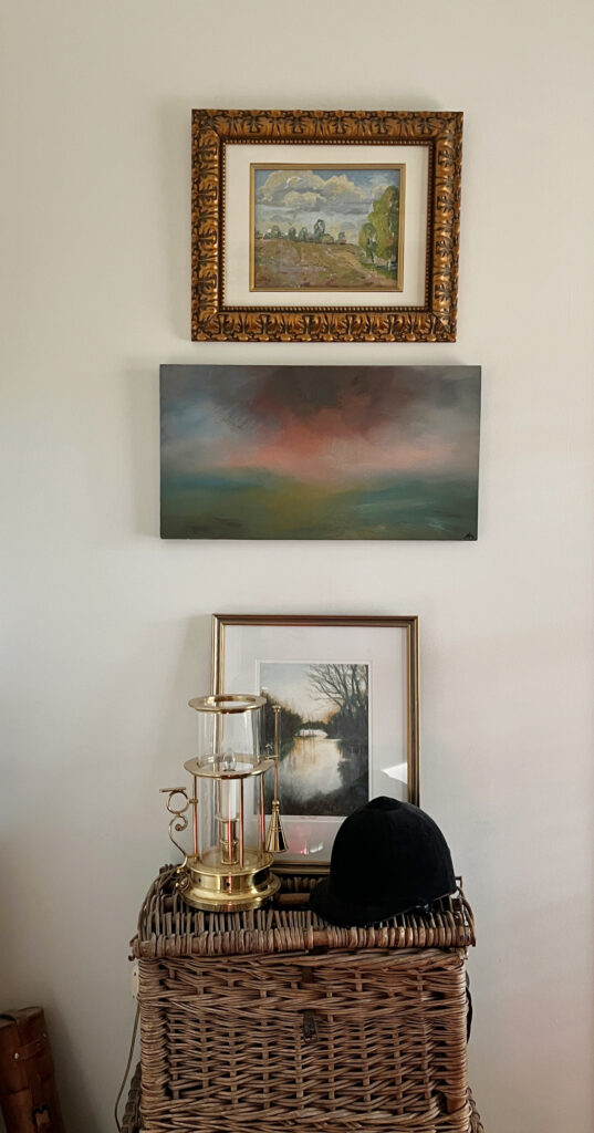 vintage oil paintings velvet helmet on a wicker fishing creel