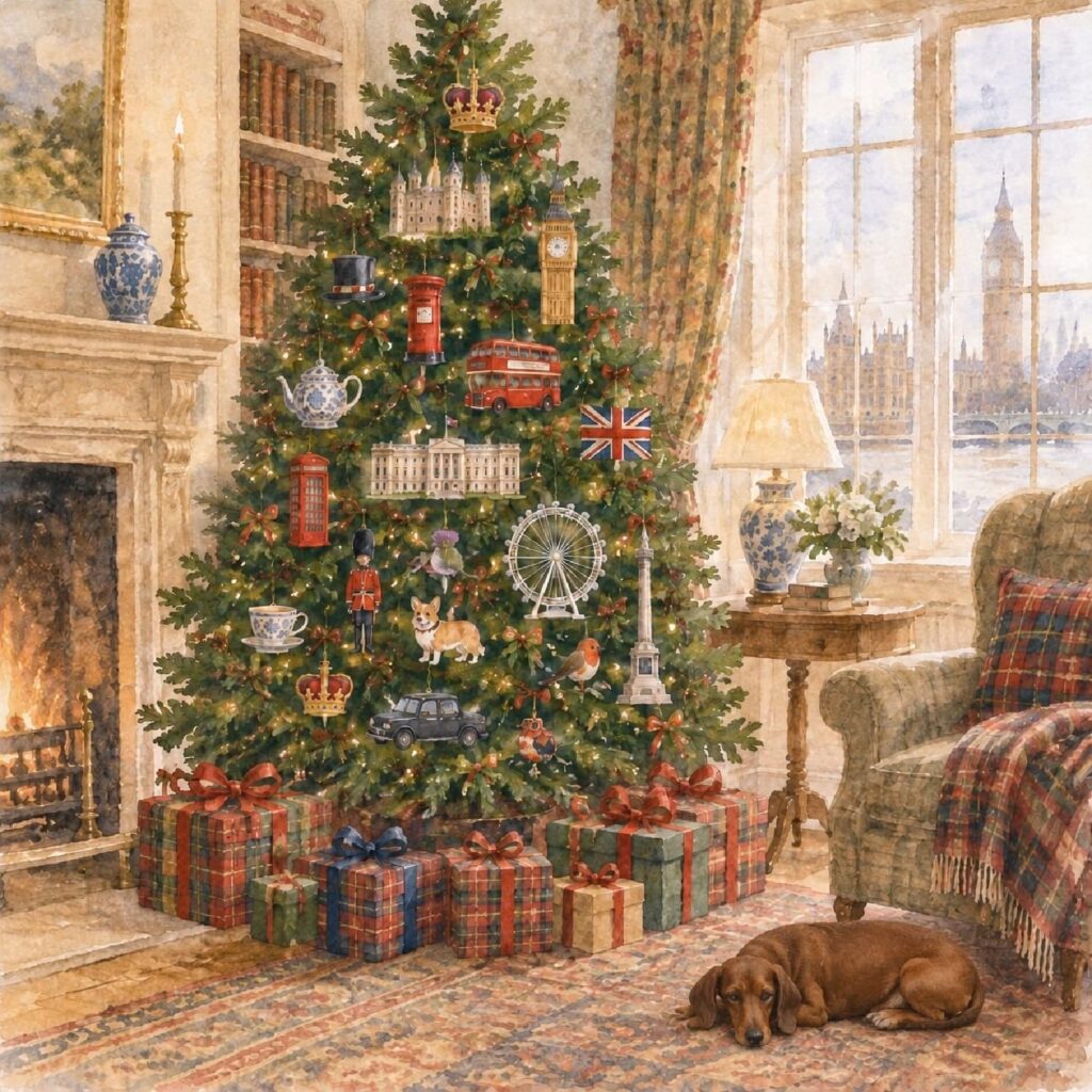 Anglophile gift guide with a christmas tree and a sleeping dog laying on a rug