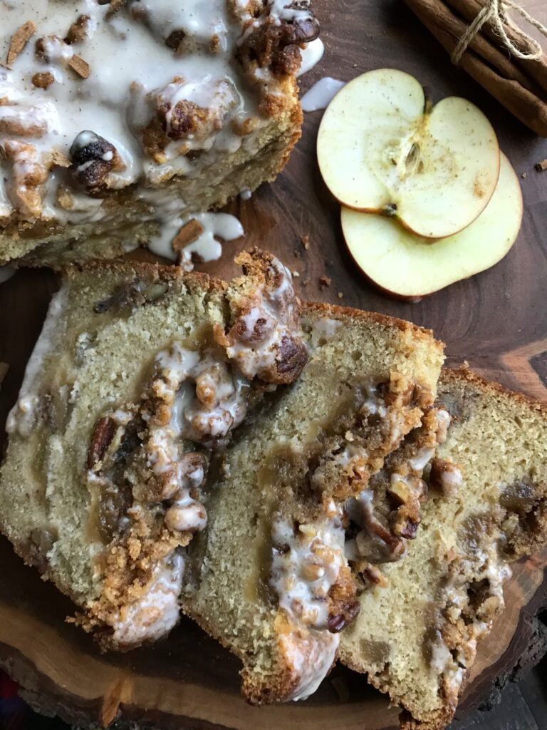 Apple Bourbon Loaf Cake with Pecan Streusel sliced