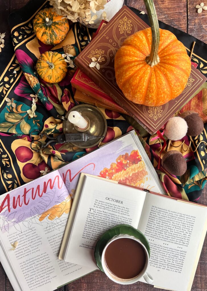 monday musings october cozy morning with pumpkins, books and a cup of hot chocolate