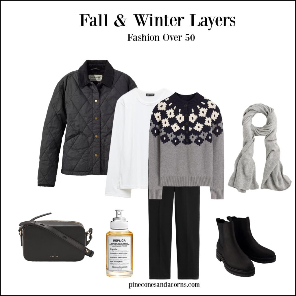 Fall and winter layers fashion over 50 outfit with gray and black and white pieces
