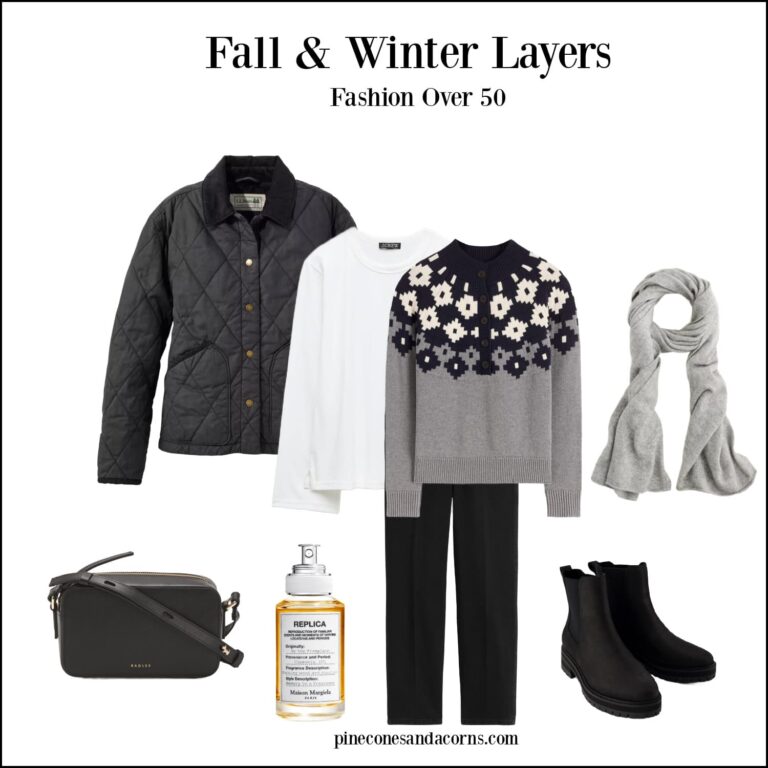 Fall and winter layers fashion over 50 outfit with gray and black and white pieces