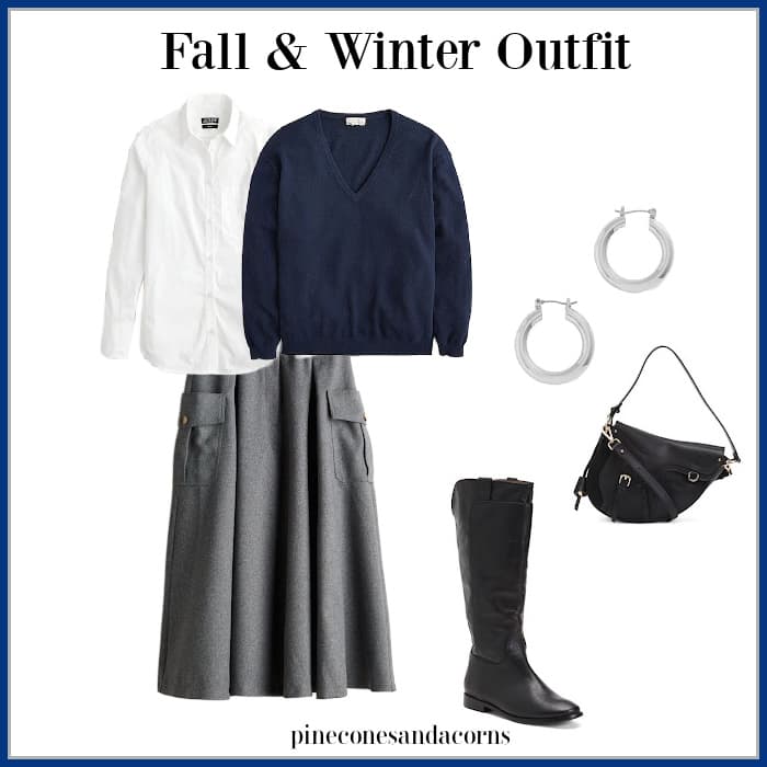 Fashion over 50 fall outfit with gray skirt and blue j crew cashmere sweater