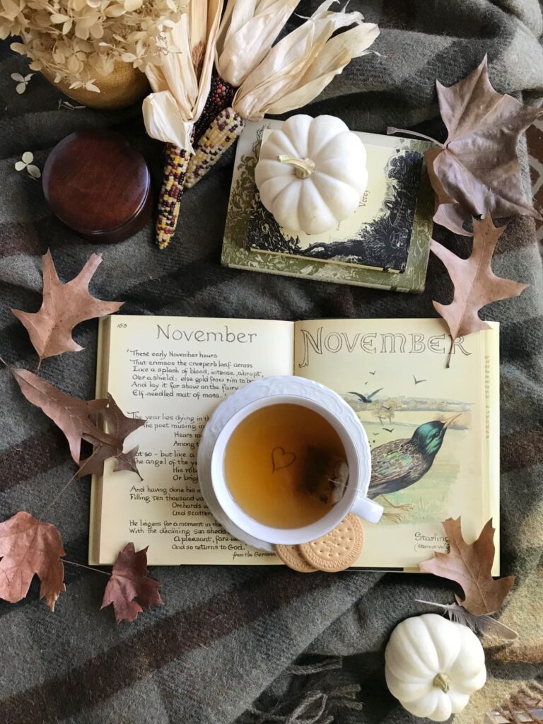November Musings, flatlay with pumpkins a cup of tea, fallen leaves, corn and books