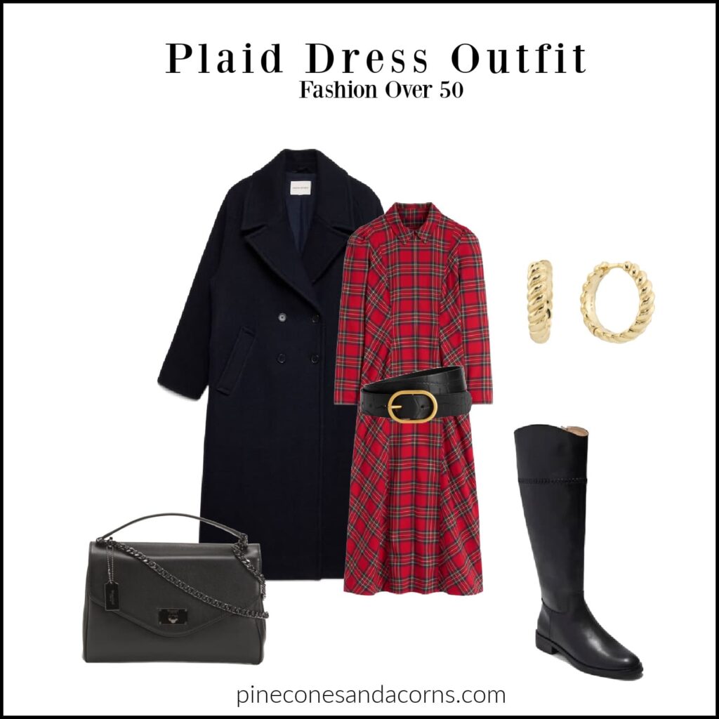 Plaid dress outfit with black accessories on Friday Favorites Pinecones and Acorns