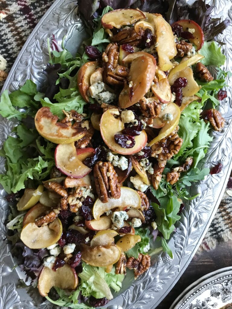 Roasted apple salad with pecans, cranberries and blue cheese crumbles