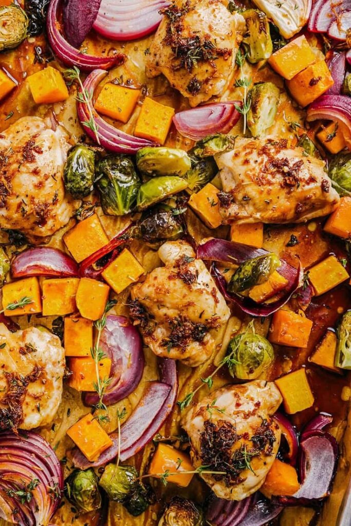 Sheet Pan Maple Glazed Chicken with Butternut Squash and Brussels Sprouts 