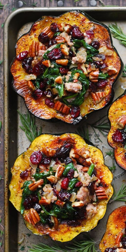 Stuffed Acorn Squash with Sausage, Spinach, Dried Cranberries, and Pecans