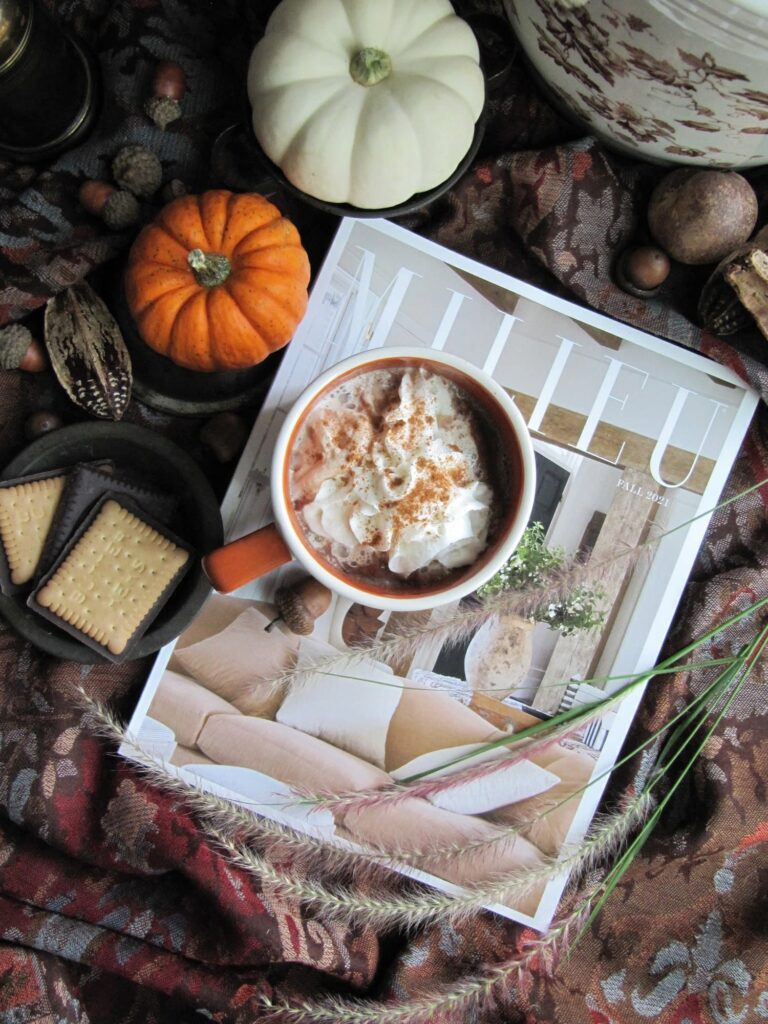 Reading chair by a window with a blanket, a quiet moment of slow living in fall