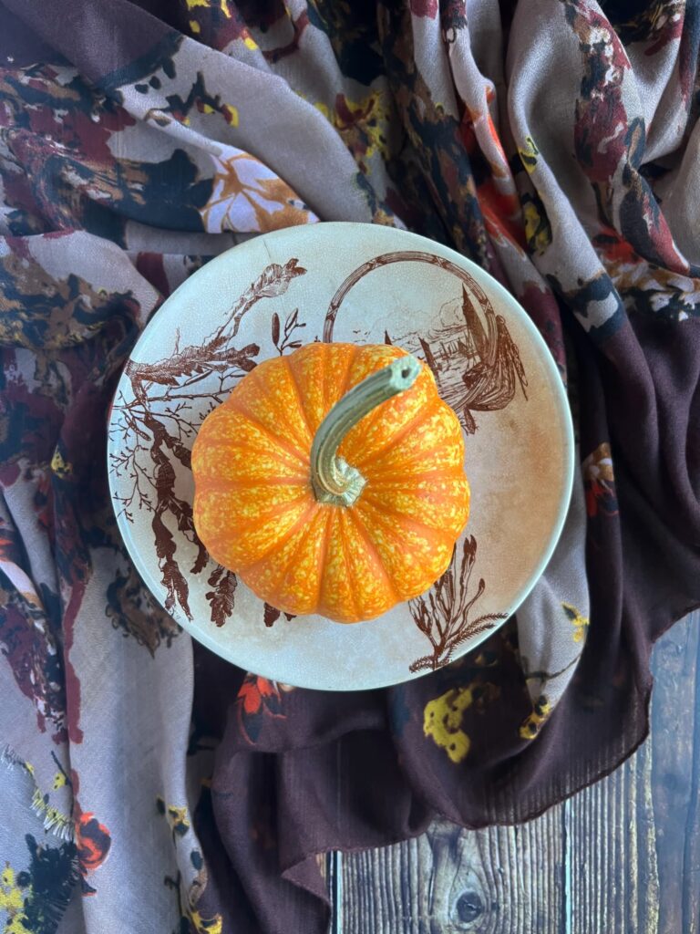 Friday Favorites — fall recipes, books, and a big week for Milwaukee at Pinecones and Acorns, orange pumpkin on a brown and white transferware plate